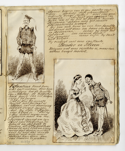 135569 Afbeelding van een pagina met twee tekeningen van personages uit de opera Euryanthe van Carl Maria von Weber, op ...